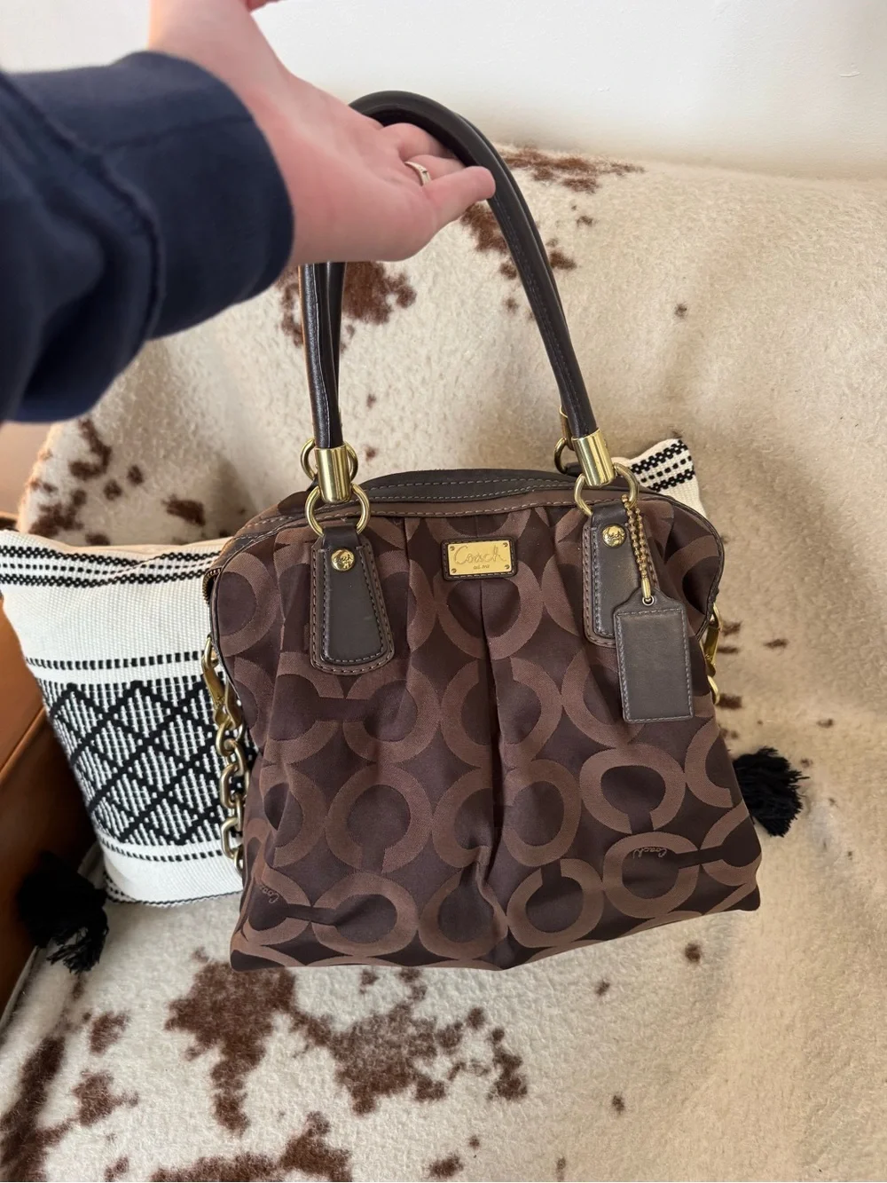 Coach Brown Signature Jacquard Satchel with Gold Hardware shoulder/crossbody